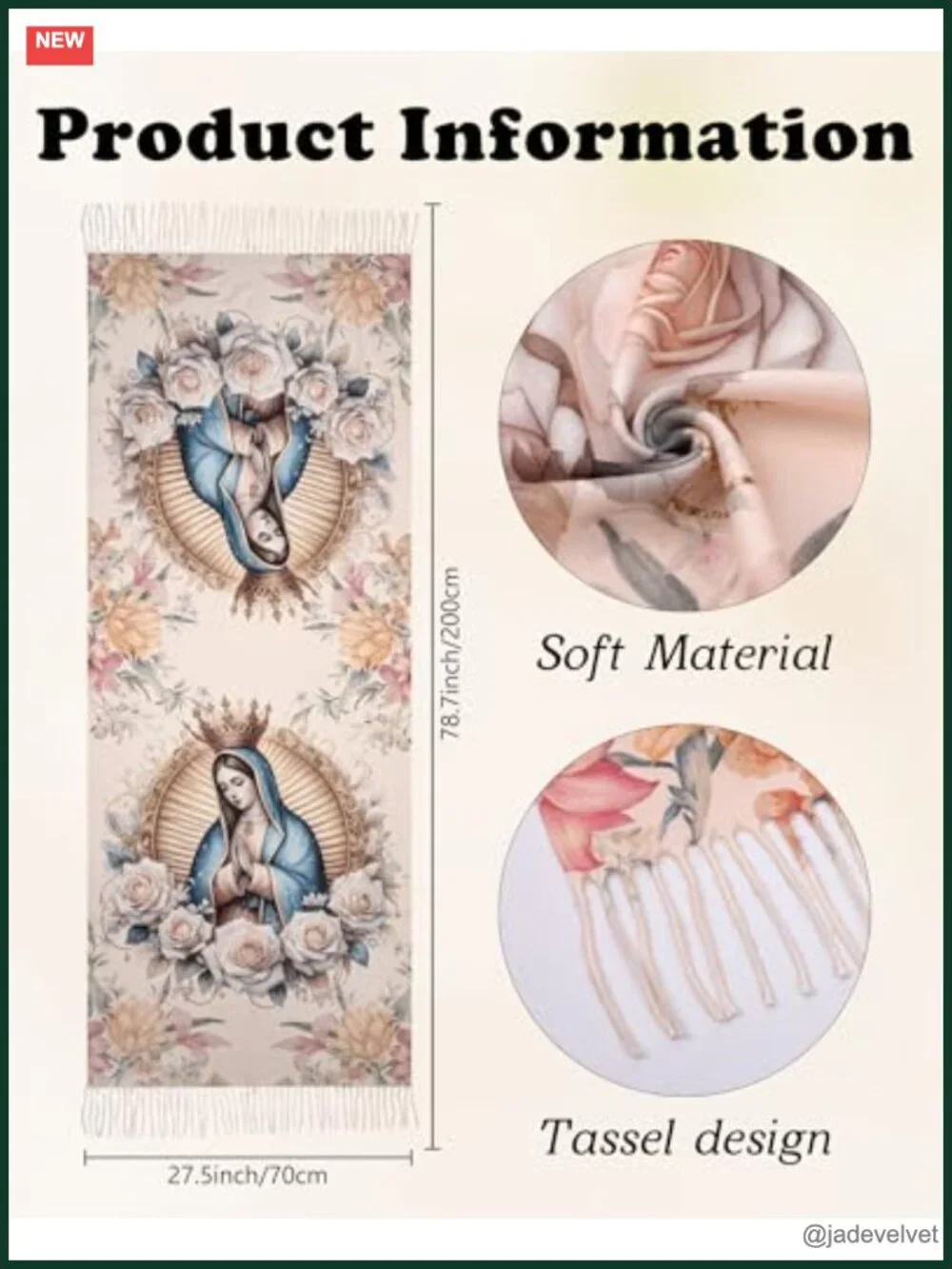 Extra Large Prayer Shawl Wrap - Christian Virgin Mary Scarf with Rose Pattern